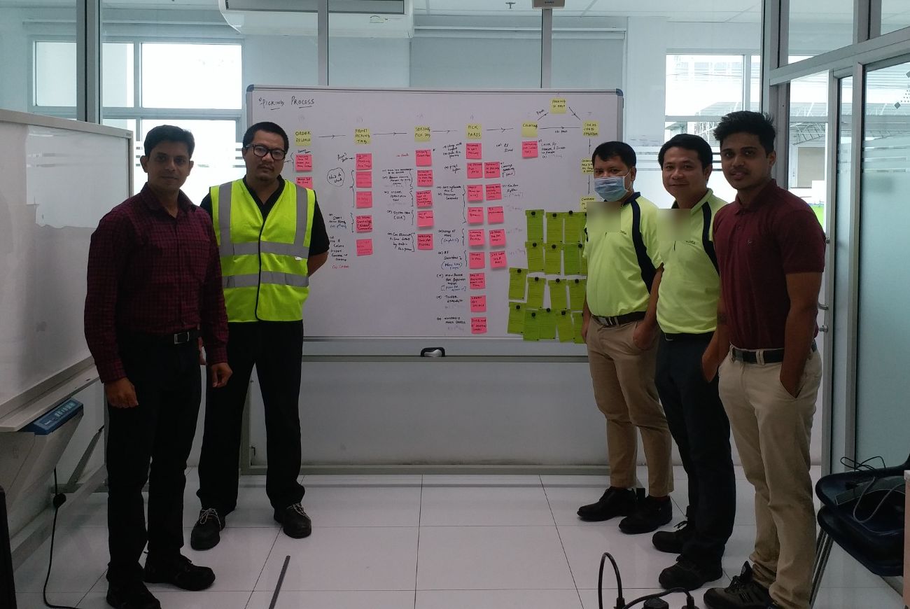 Process mapping on a whiteboard with a Kaizen team
