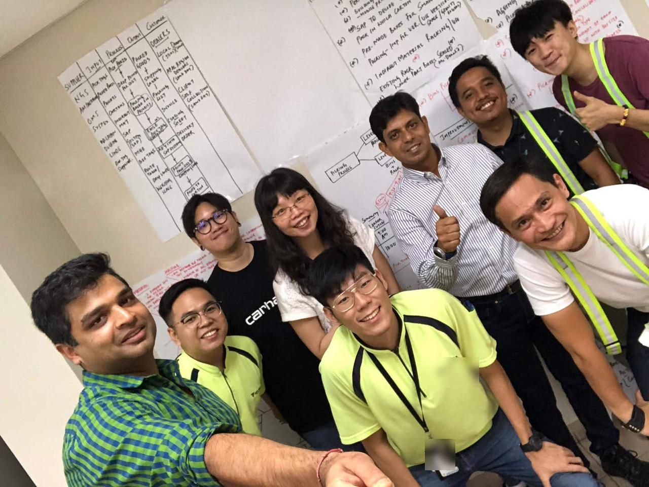 Workshop team celebrating in front of process maps